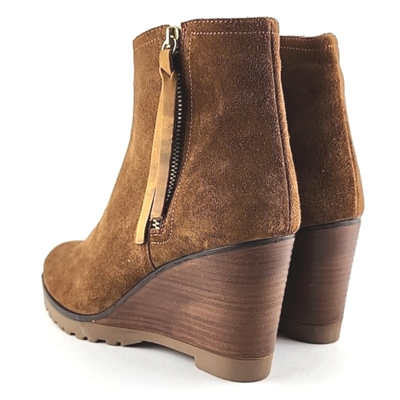 Fabianelli Tan Suede Lined Ankle Boots Almond Toe Stacked Wedge Sole Size 39 - Picture 5 of 16